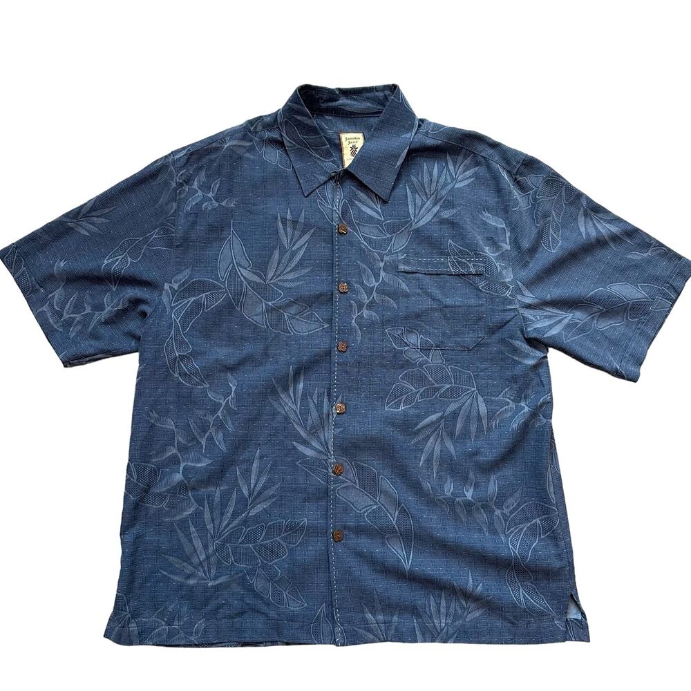 Jamaica Jaxx Authentic Island Style Silk Wooden Button Men Shirt Blue -Large
